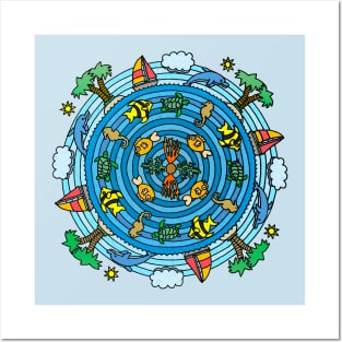 Tropical Island Scene Mandala Style Drawing Posters and Art